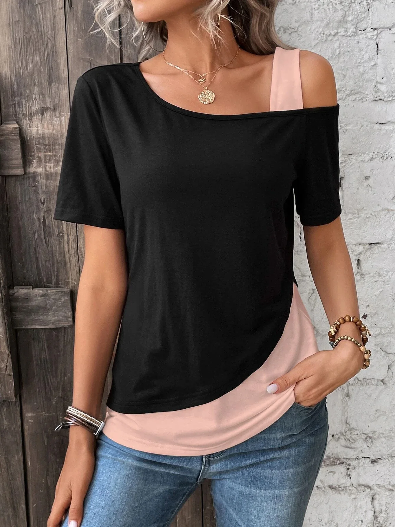 Chic Farbe Blockieren Kurzarm Frauen Einfarbig Off Schulter Asymmetrische T-Shirt Weibliche Sommer Casual Tops – Detail 11
