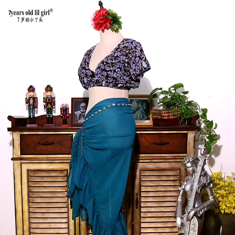 여성용 벨리댄스 의상 집시 쉬폰 버블 숏 랜턴 슬리브 탑 HEE14