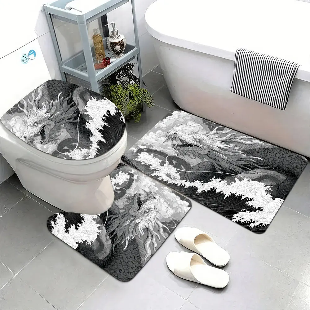 Dragon Print Bathroom Mat Set 3 Piece Luxury Bath Rugs for Modern Home Decor Bathroom Accessories