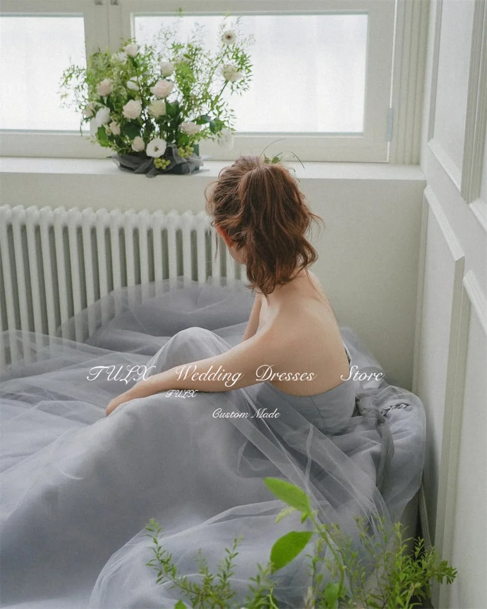 TULX Fairy สาย Tulle ชุดราตรีเกาหลีงานแต่งงานถ่ายภาพชุดที่ไม่มีสายหนังสีฟ้าความยาวชั้นชุดรัดตัวที่กําหนดเอง