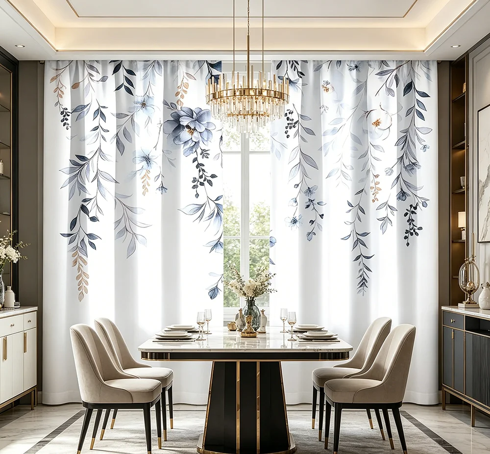 2PCS Digital Printed Curtains, Blue Cluster White Tea Flower Elegant, Rod Pocket Window Drapes for Living Room Bedroom Decor