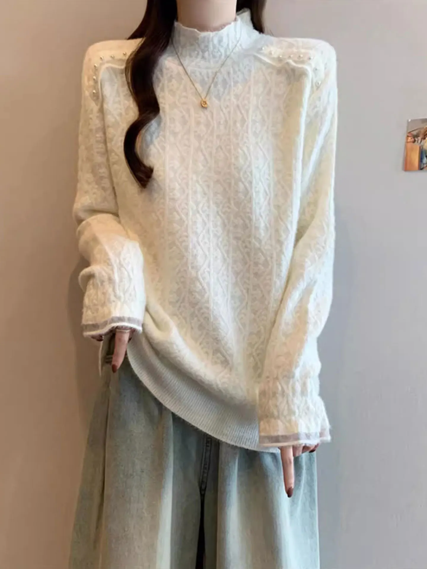 

Sli f High Ne Knitted Sweater Women's Casual Loose Fit Long Sve Top Agel Beau plus Size Autumn Winter Faion