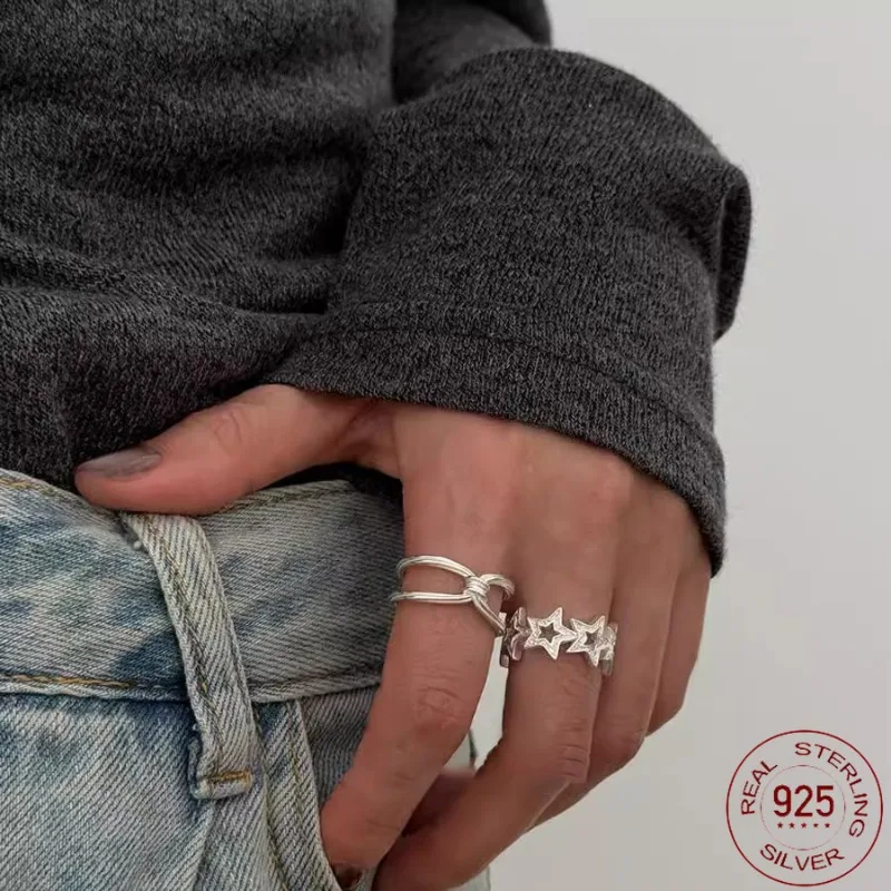 Simple 925 Sterling Silver Sweet Star Ring For Women Girl Personality Simple Adjustable Crossed Lines Exquisite Jewelry Gift