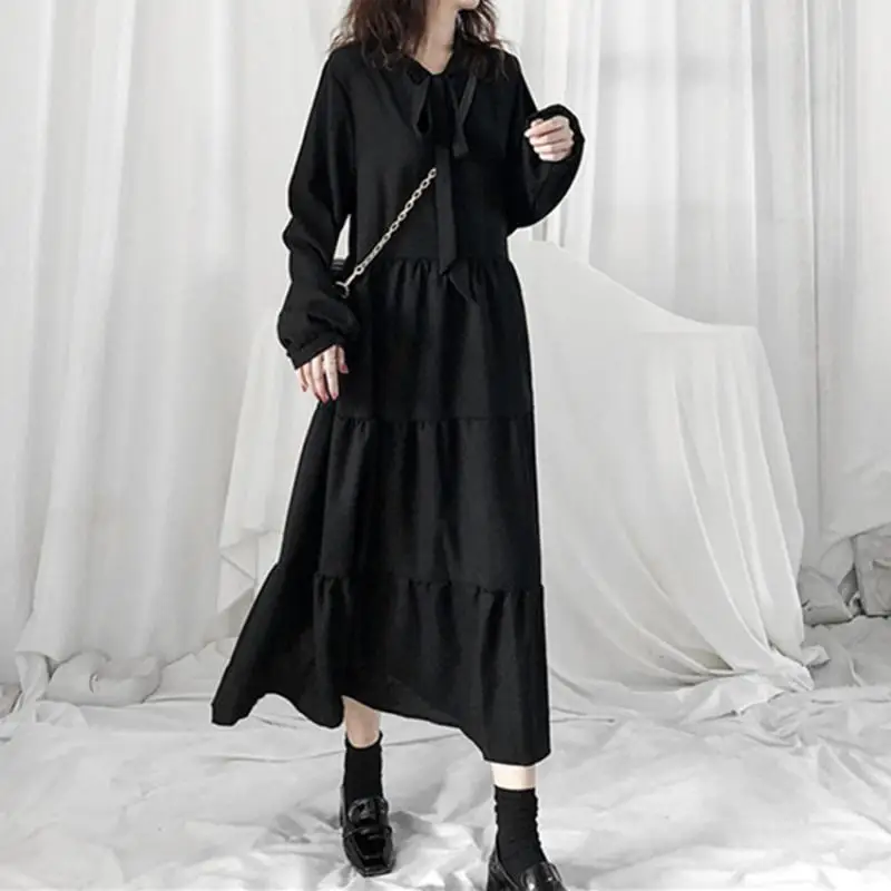 2024 Loose Fashion Women's Dress Solid Color Noble Black Woman Dresses New Spring Long Sleeves Maxi Vestidos French Frocks ﻿