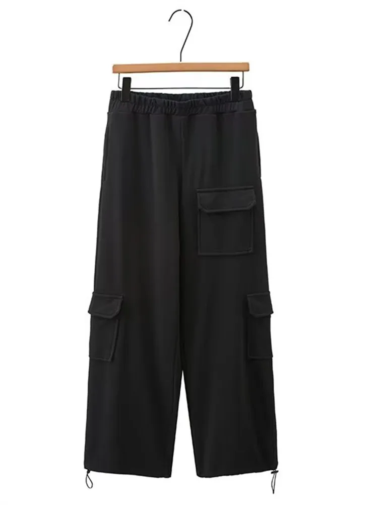 

Plus Size Women's Clothing Spring And Autumn Black Overalls Elastic Waist Loose Straight-Leg Trousers With Multiple Side Pockets