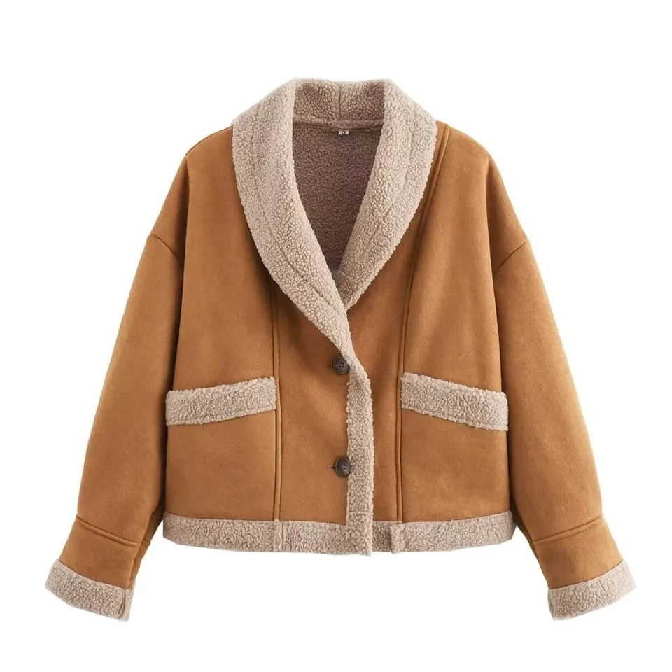 

Women's Autumn Winter Vintage Coat Lapel Long Sleeve Loose Leather Jackets 2025 Warm Pockets Streetwear Woman New Outwear