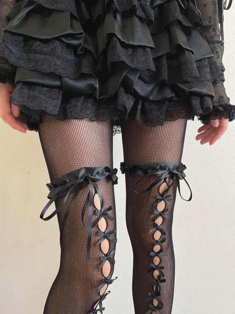 New Japanese Sweet Cool Style Tights Hot Girl Hollow Bow Satin Lace Gothic Dark Lace Pantyhose For Women's Kawaii White Socks