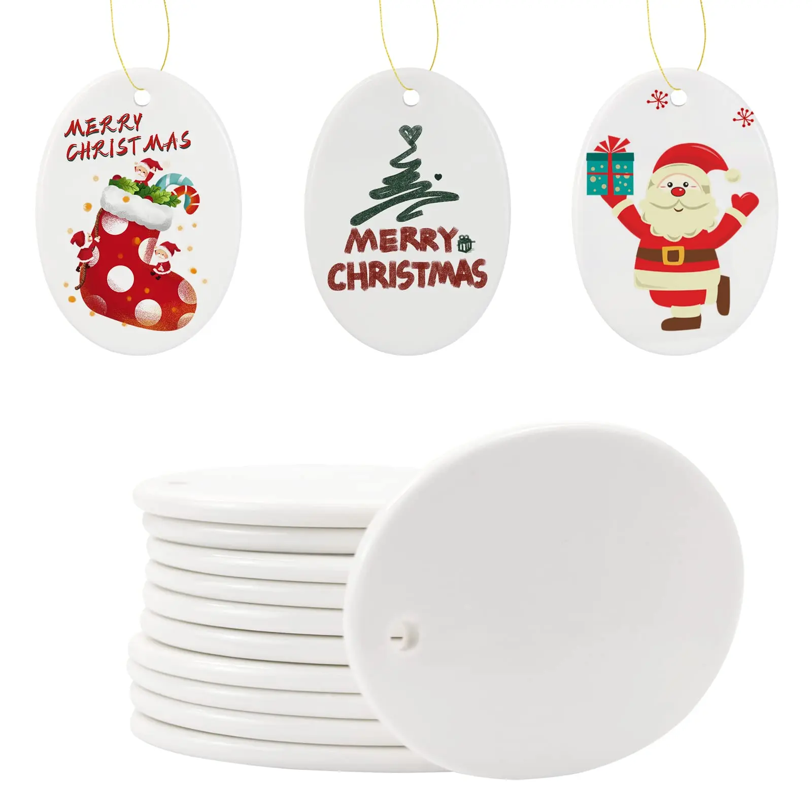 

10Pcs/Set Sublimation Blank Ceramic Ornament Oval Ornament With String For Crafting Christmas Tree Personalized Home Decor