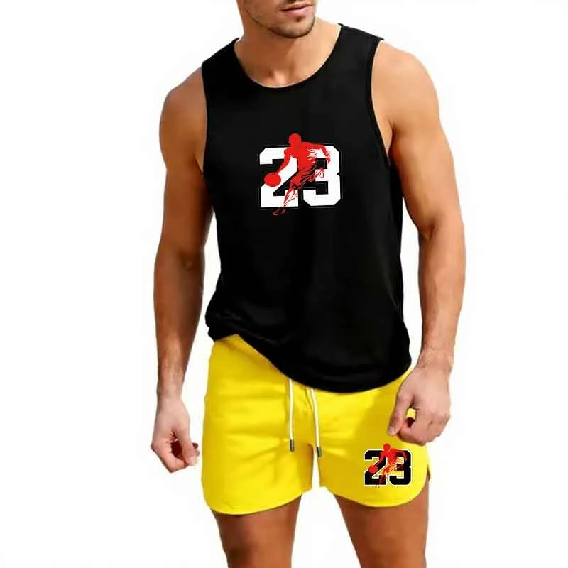 

Summer Fashion Trendy Casual Sports Two Piece Set Men's sleeveless Vest+Shorts Set Outdoor Jogging Basketball Training Clothing