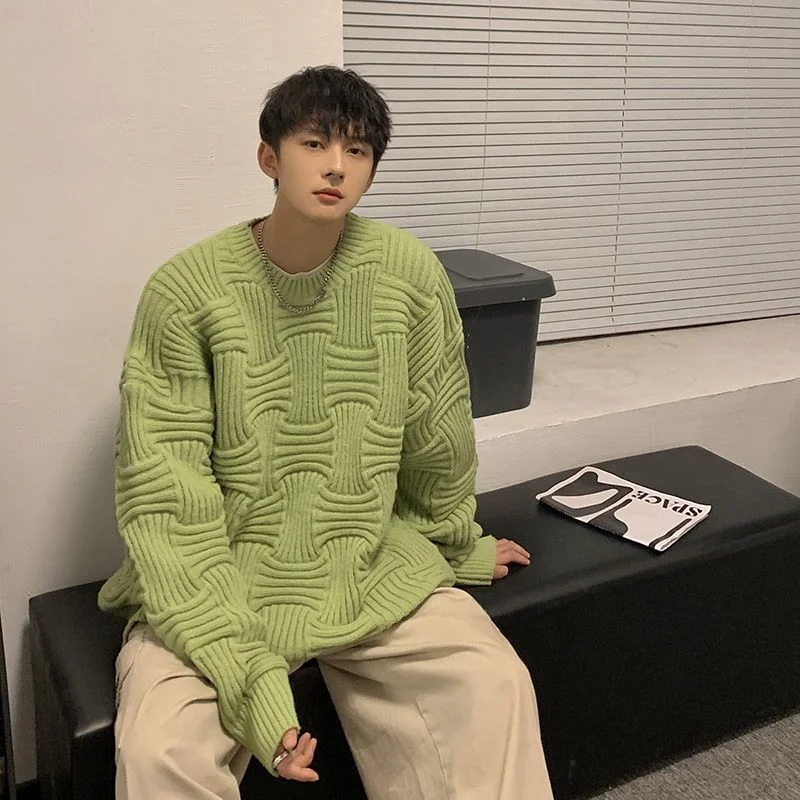 Suéter masculino com gola redonda, marca da moda, solto, tridimensional, tecido xadrez, vento preguiçoso