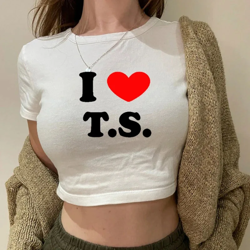 

Женские укороченные топы I Love, летняя модная футболка с коротким рукавом, одежда Y2k, Детская футболка в стиле Харадзюку, футболка с графическим рисунком, укороченный топ