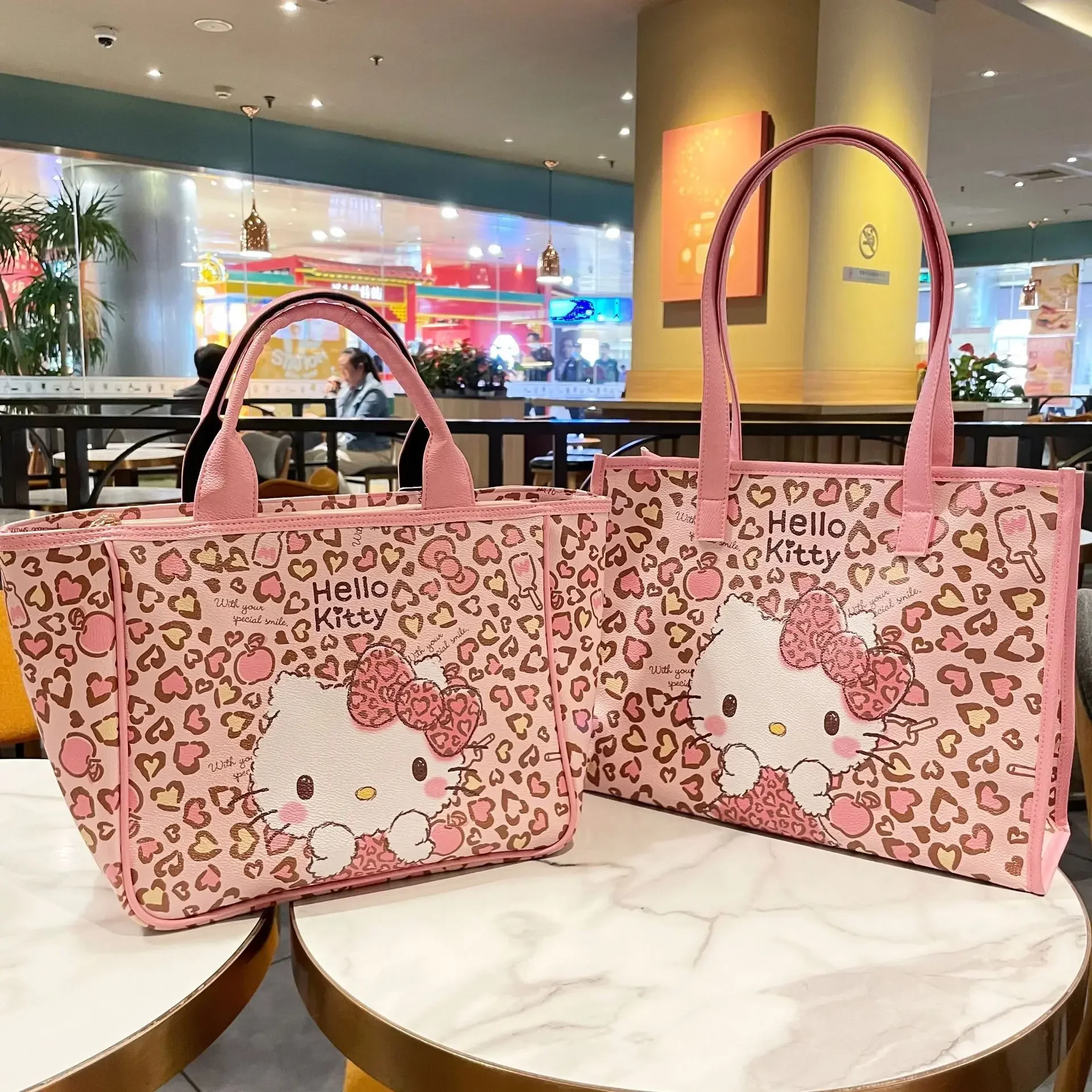 Sanrio Hello Kitty Women\'s Shoulder Bag Cartoon Fashion PU Pink Leopard Print KT Tote Bag Girls Large Capacity Commuter Bag Gift