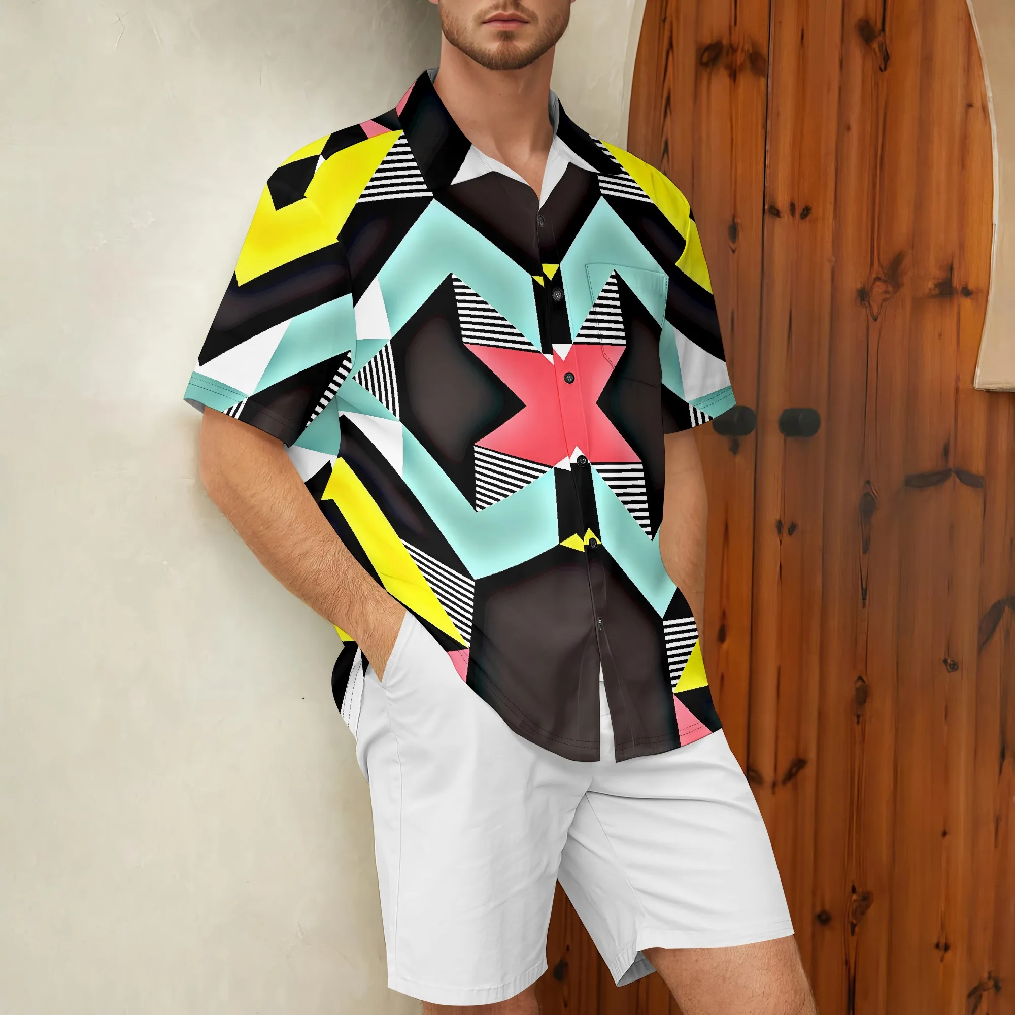 

YEAE Color Block Geometric Print Shirt for Men Summer Casual Short Sleeve Top