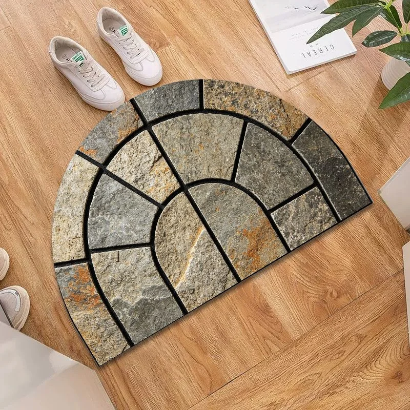 VIKAMA Faux Stone Brick Semi-Circle Mat, Rustic Cobblestone Non-slip Bathroom Rug