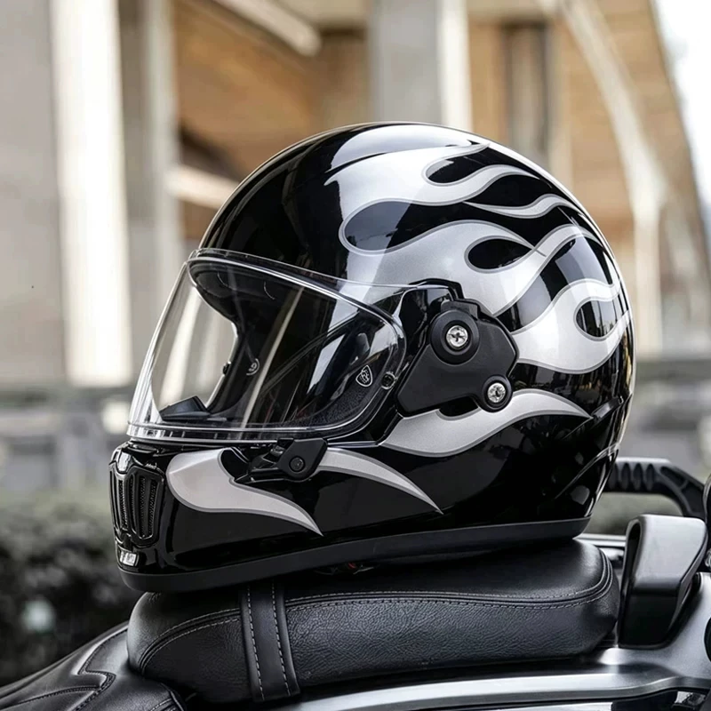 Red White Crack Flame Retro Full Face Motorcycle Helmet DOT Safety Motorbike Riding Helmet for Adult