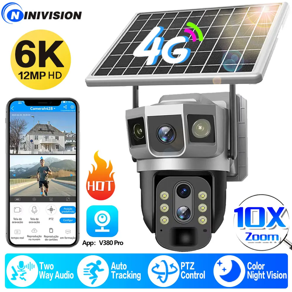 

6K 12MP 4G SIM Card Solar 10X Zoom Camera Wireless Outdoor Waterproof PTZ Solar Camera Built in Battery CCTV Security V380Pro