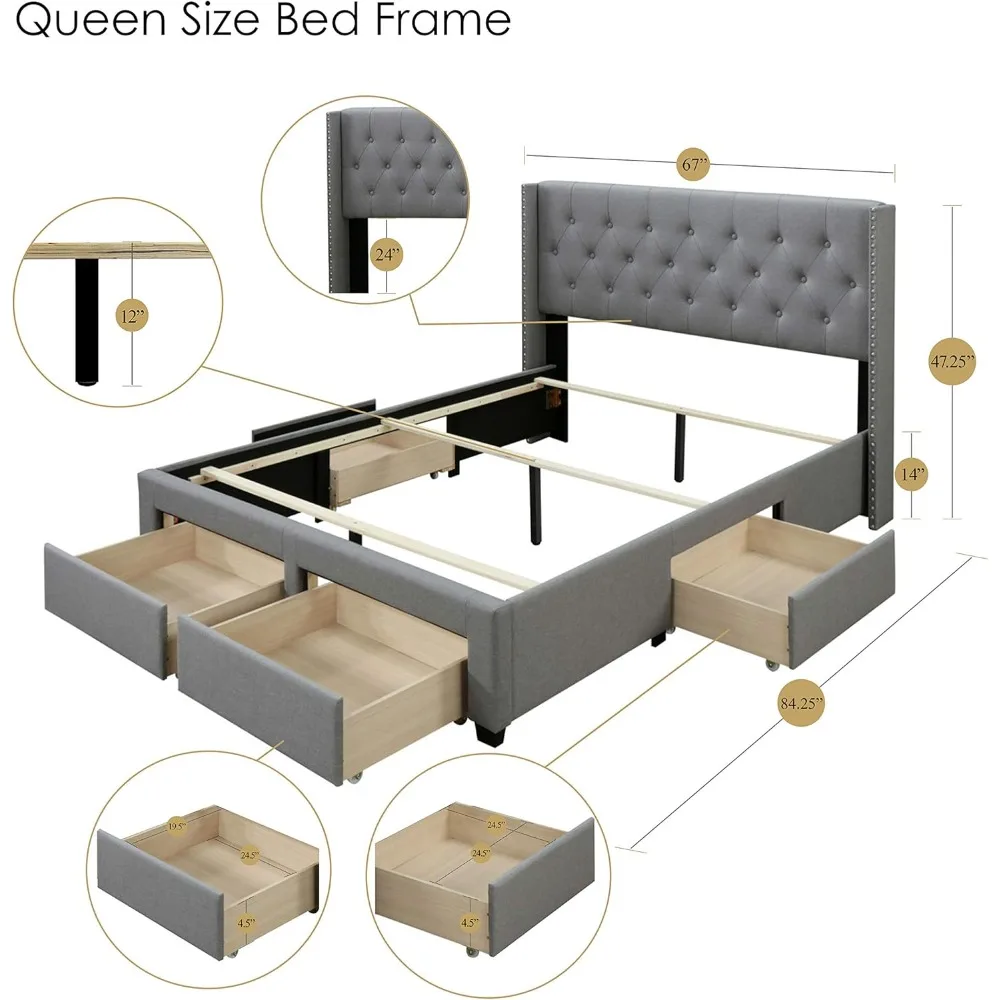 Bardy Upholstered Panel Bed Frame - Platform Bed with Headboard - Diamond Button Tufted Nailhead Trim