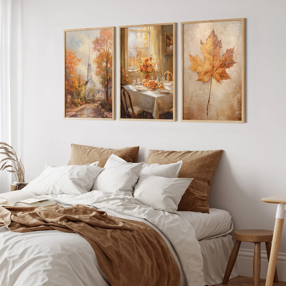 

3pcs/Set Autumn Natural Scenery Maple Leaves Buildings Dining Table Views Canvas Posters, Wall Art Modern Restaurant Decoration