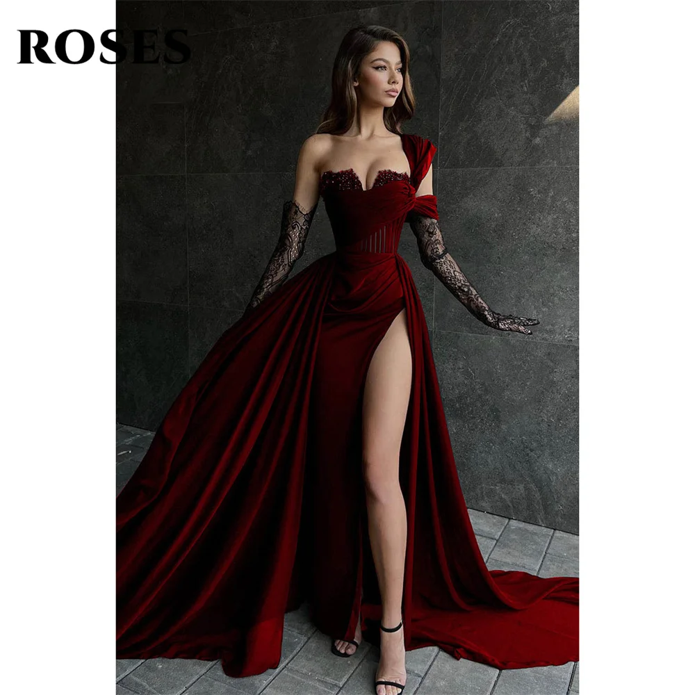 ROSES Black Stain Chic Woman Evening Dress Gown One Shoulder Lace Ball Gown Side Split Mermaid Night Dresses Gown robe de soirée