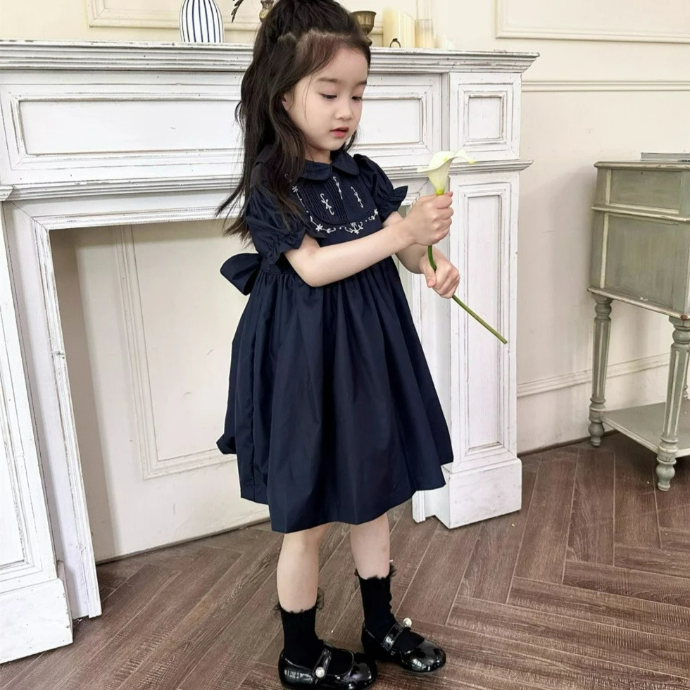 Girl\'s Navy Blue Embroidered Lapel Dress Back Tie 2025 Summer New Item for Baby Girls Retro Style Short Sleeved Princess Dress
