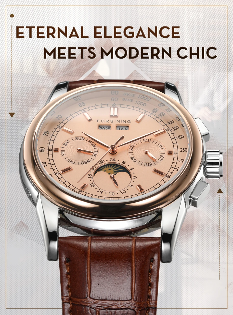 Forsining Uomo Orologio Meccanico A Carica Automatica – Quadrante Fasi Lunari, Cinturino In Pelle, Lusso FSG319M3S4 - 3