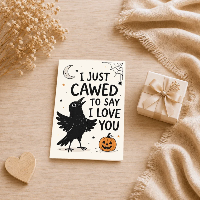 Halloween greeting card - cute crows, pumpkins, and scary stars, conveying 