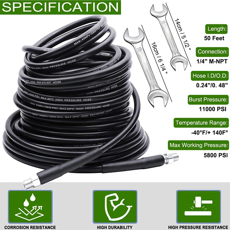 Sewer Jetter Kit for Pressure Washer 50ft Hydro Drain Jetter Cleaner Hose with Button Nose Jet Nozzle & Pressure Washer Adapter