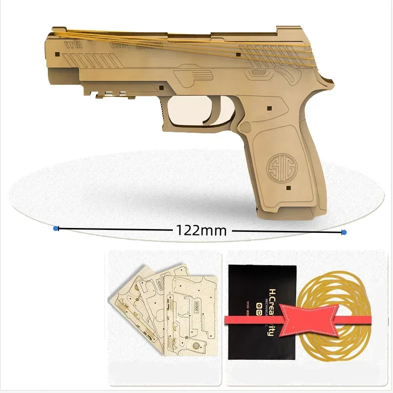 3D Maual Pistol Puzzles Gun Toys Wood Children Mechanical Model Set Building Blocks Kits for Teen With Rubber Band Bullets P320