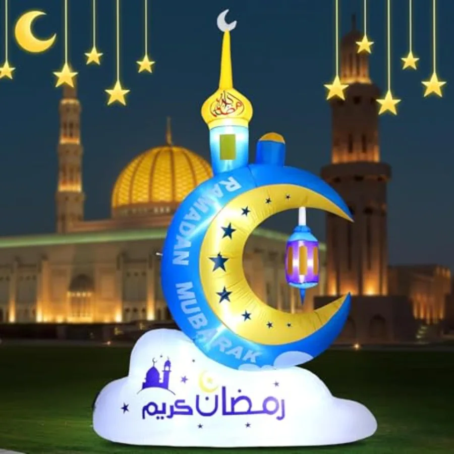 

8.20FT Outdoor Inflatable Ramadan Moon Decoration Waterproof Inflatable Eid Mubarak Decor with LED Lights Blue Moon for Yard Mu