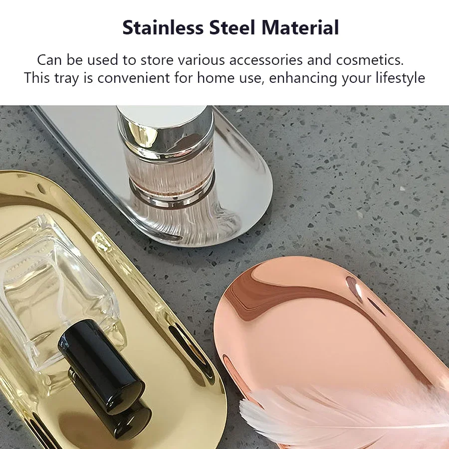 Bandeja oval de aço inoxidável, armazenamento de joias para manicure, organizador de cosméticos de metal para exibição de arte em unhas, bolo, frutas, sobremesa, servir