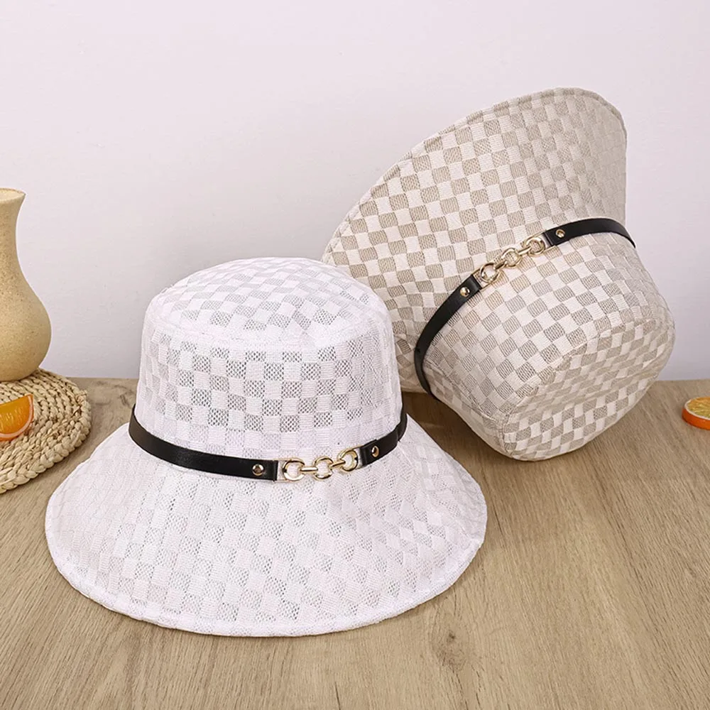 Neue modische Damen-Outdoor-Bucket-Hüte, lässige Reisehüte, karierte personalisierte Bucket-Fischerhüte, Freizeithüte, Sonnenschutzhüte – Detail 3