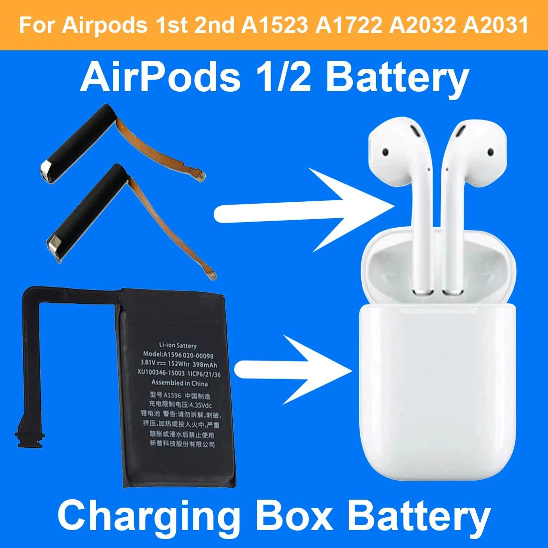 

Replace Battery For Airpods 1st 2nd A1604 A1523 A1722 A2032 A2031 AirPods1 AirPods2 AirPods3 Replaceable Battery GOKY93mWhA1604