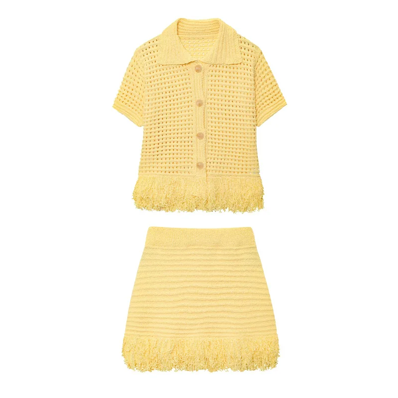 

TRAF Tassel Hem Skirt Sets Short Sleeved Lapel Tops Sexy Hip Hugging Skirts 2 Piece Set Women's Party Streetwear 2025 Outfits