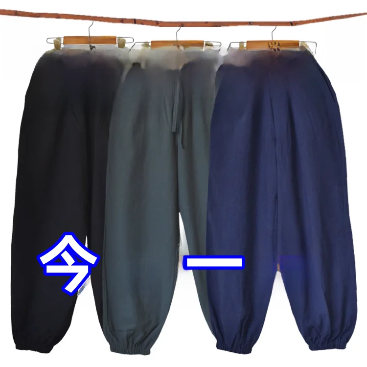 

Мужские брюки из хлопка и льна свободного кроя, однотонные, в китайском стиле, зауженные, фасона «харлан», повседневные, длинные