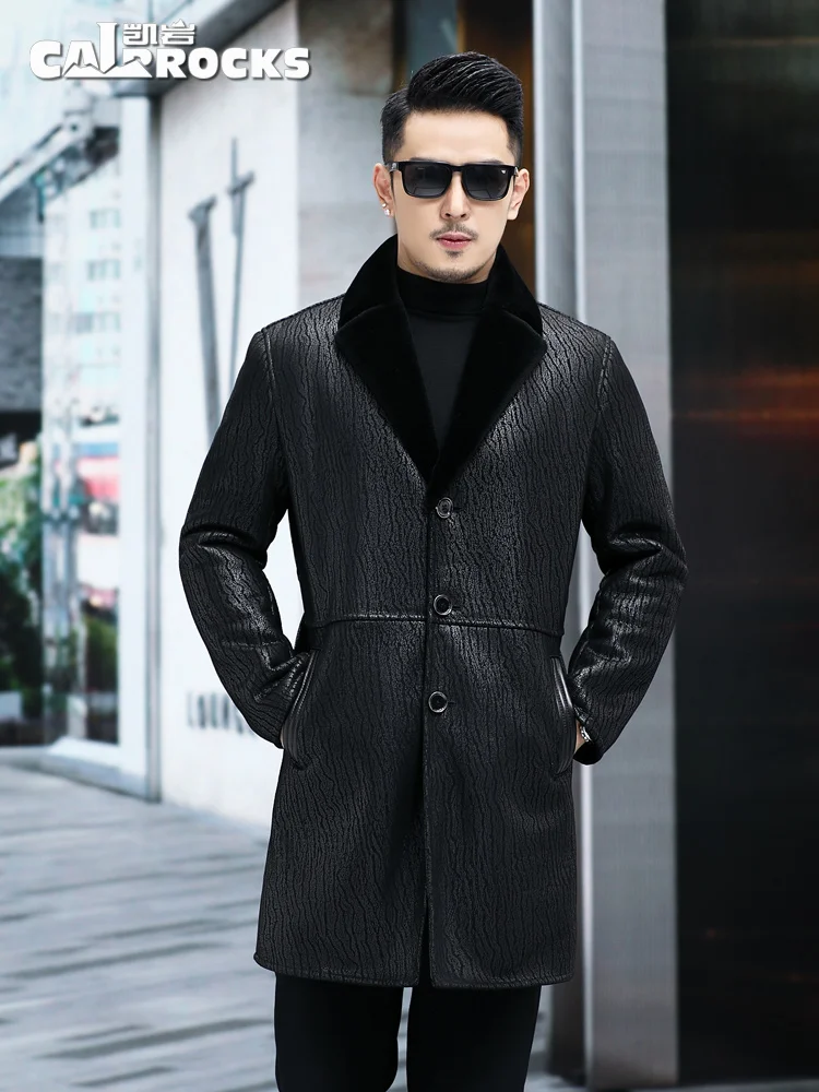 Manteau en cuir mi-long avec fourrure intégrée pour homme, Trench-Coat d'hiver avec col en fourrure