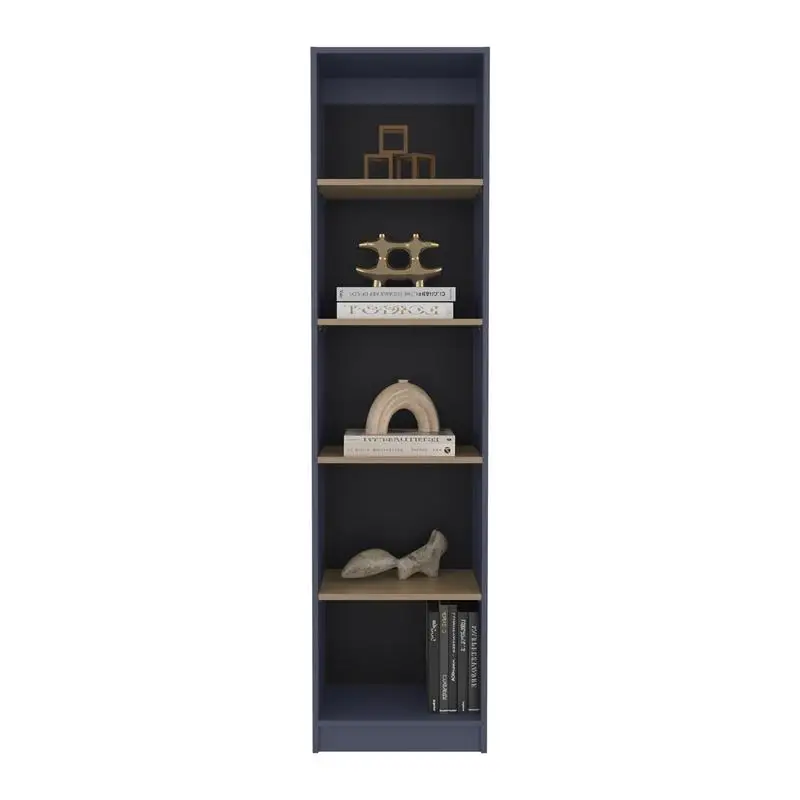 

5-Tier Bookshelf with Slim Design for Compact Living Room, Bedroom, or Office Decor, Natural Oak and Blue Finish