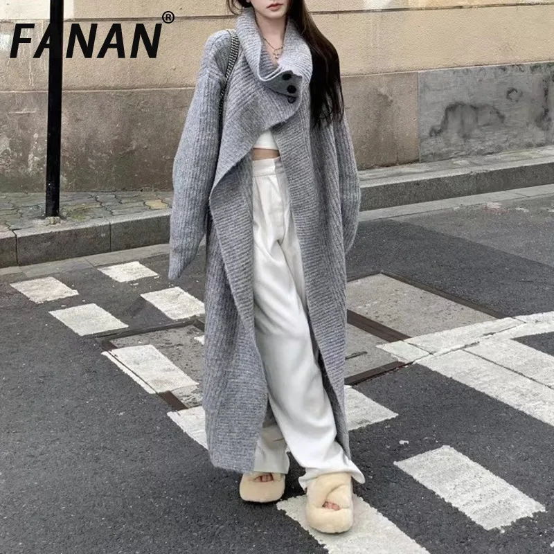 

FANAN толстый теплый модный длинный кардиган с большими лацканами для женщин, новый осенне-зимний стиль, вязаный Тренч, свободная утолщенная ветровка