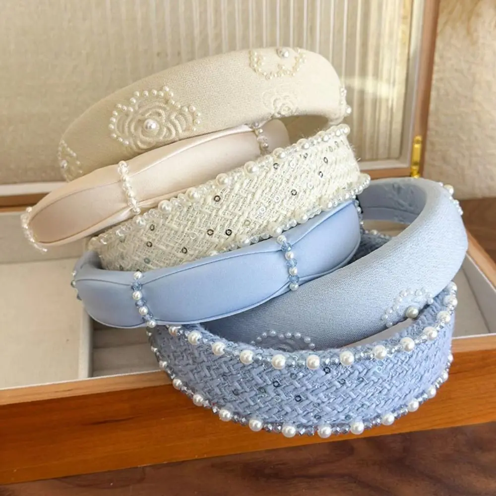 

Retro Rose Print Women Headband Beige Blue Sweet Hair Hoop Elegant Pearl Crystal Hair Accessories Lady Party