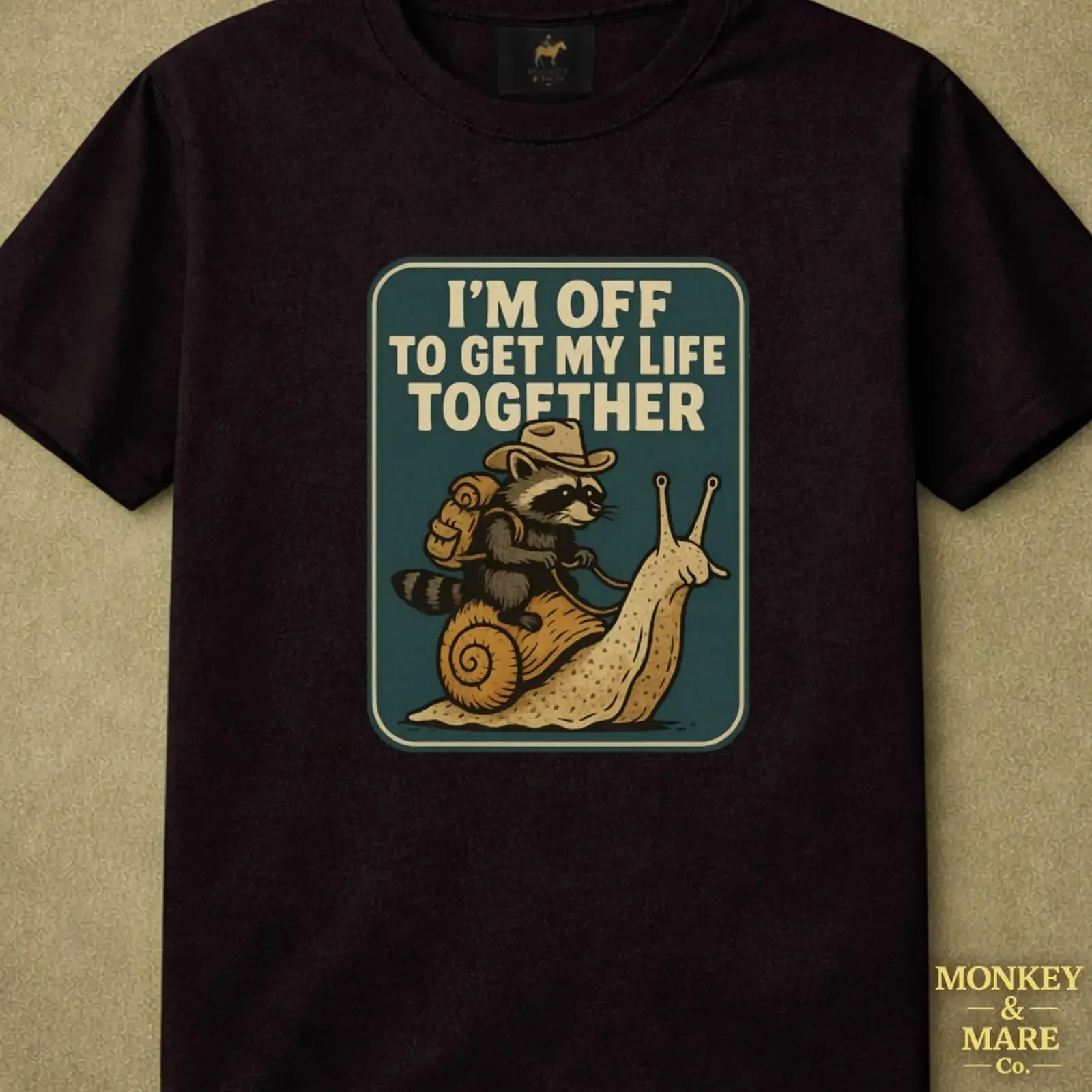 Funny Raccoon T Shirt I'm Off To Get My Life Together Procrastination Humor Weird Animal Snail Adventure vintage Washed