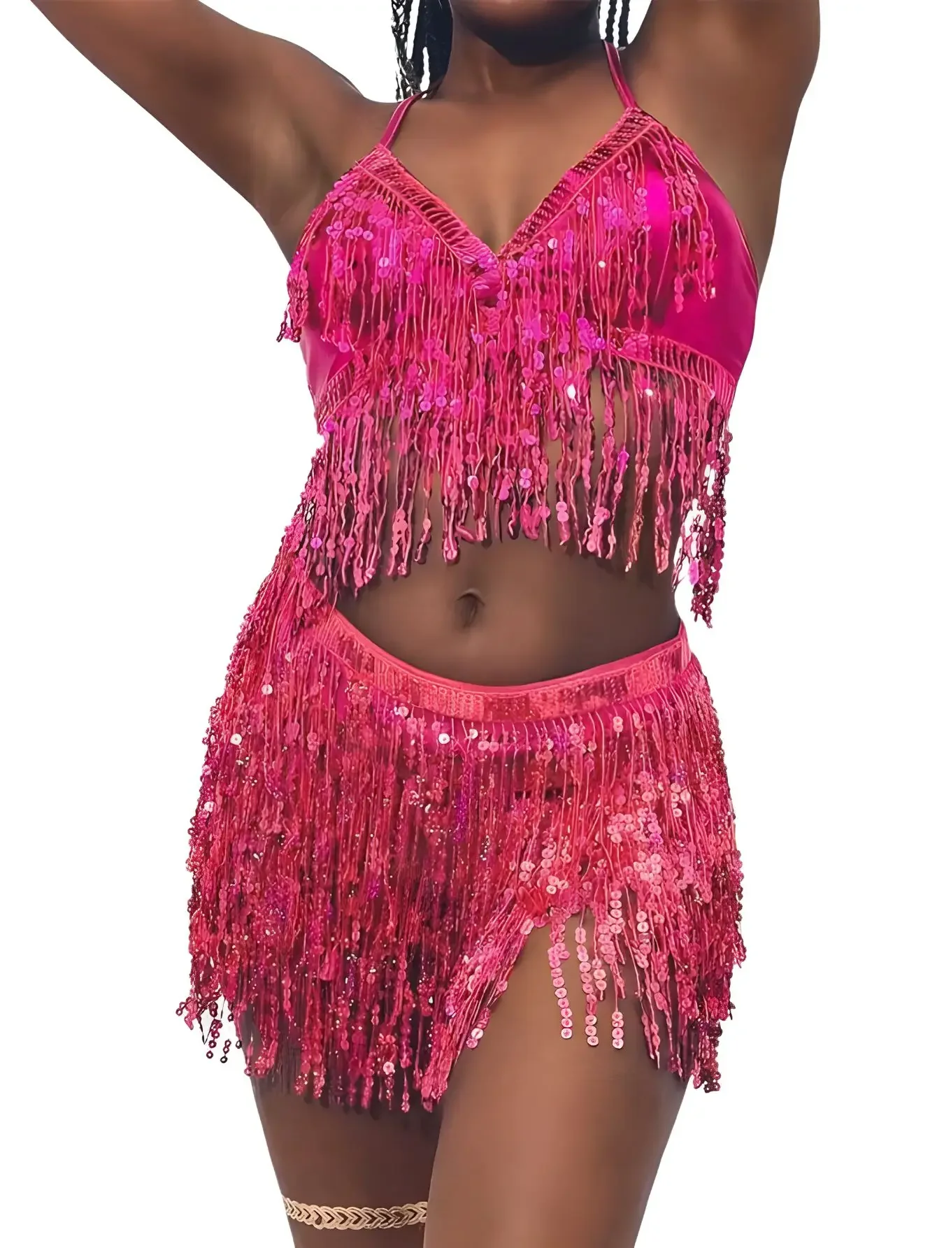 Belly Dance Top Bra Belt Set Latin Sequin Fringe Halter Hip Skirt Sexy Party Costume 4 Layer Tassel Stage Performance Cloth Wear