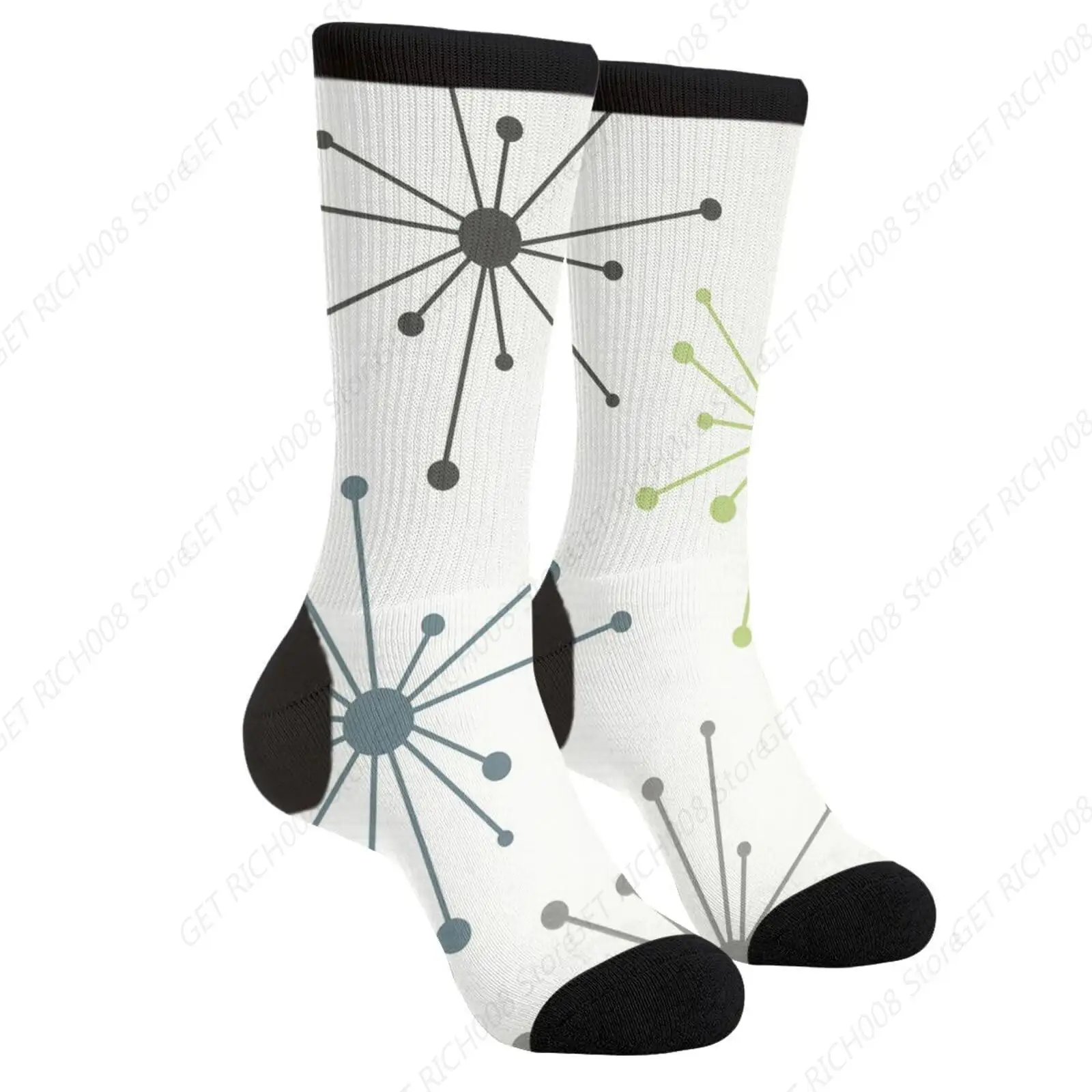 Mid Century Modern White Pot Dot Black And White Art Novelty Fun Crew Socks Fashion Comfortable Men And Women