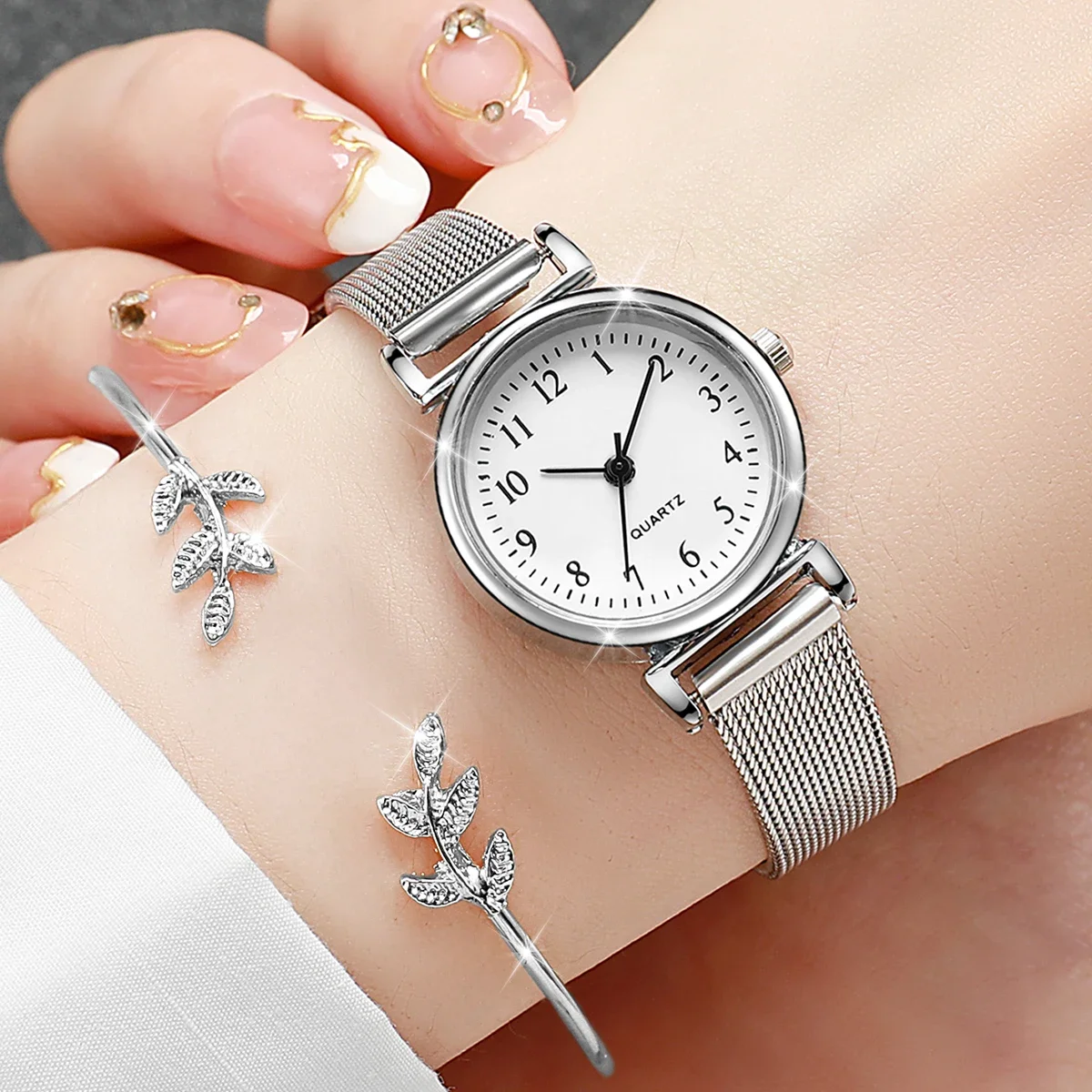2PCS Fashion Arabic Dial Women Quartz Watch Steel Mesh Band Watches Opening Cuff Bracelet Bangle SetWithout Box