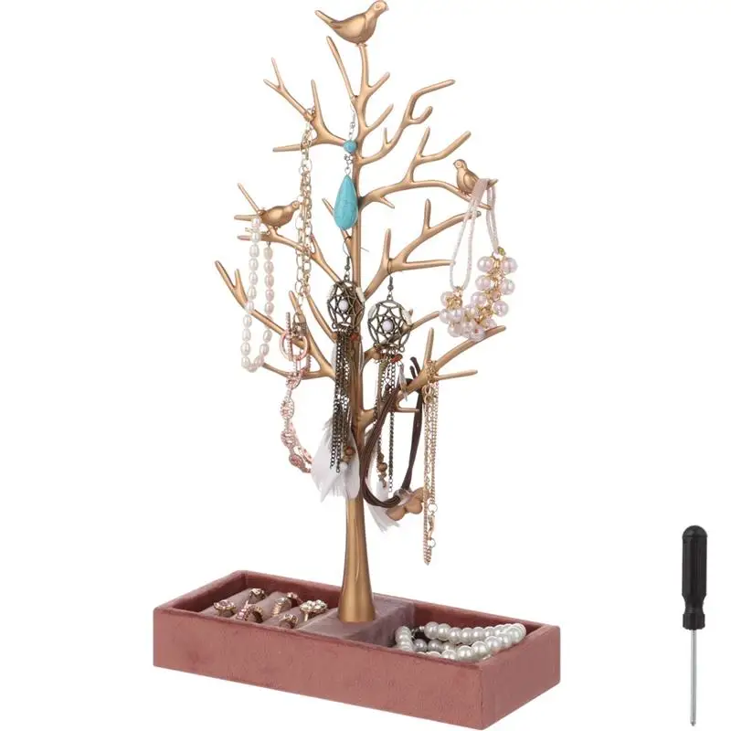 

Branch Jewelry Rack Tree Tower Rack With Wood Tray Jewelry Tree Organizer Cute Bird Jewelry Stand For Women Hanging Organizer