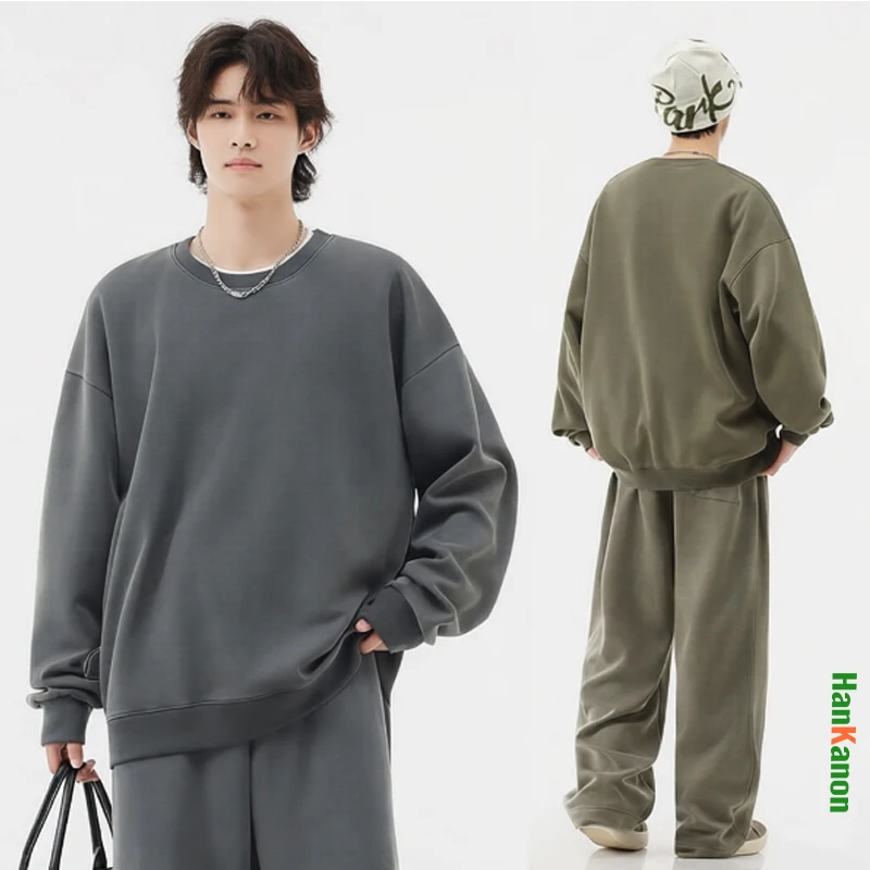 

Мужская ретро-футболка с круглым вырезом и длинным рукавом из выстиранного хлопка для осени и весны, 320 г, 55% хлопок