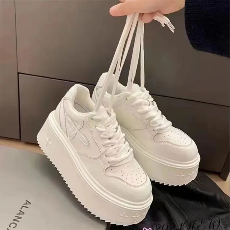 SyfIyno Thick Bottom White Leather Shoes Women Sneakers Leather Casual Shoes Skateboard Round Toe Heels Comfortable Zapatillas