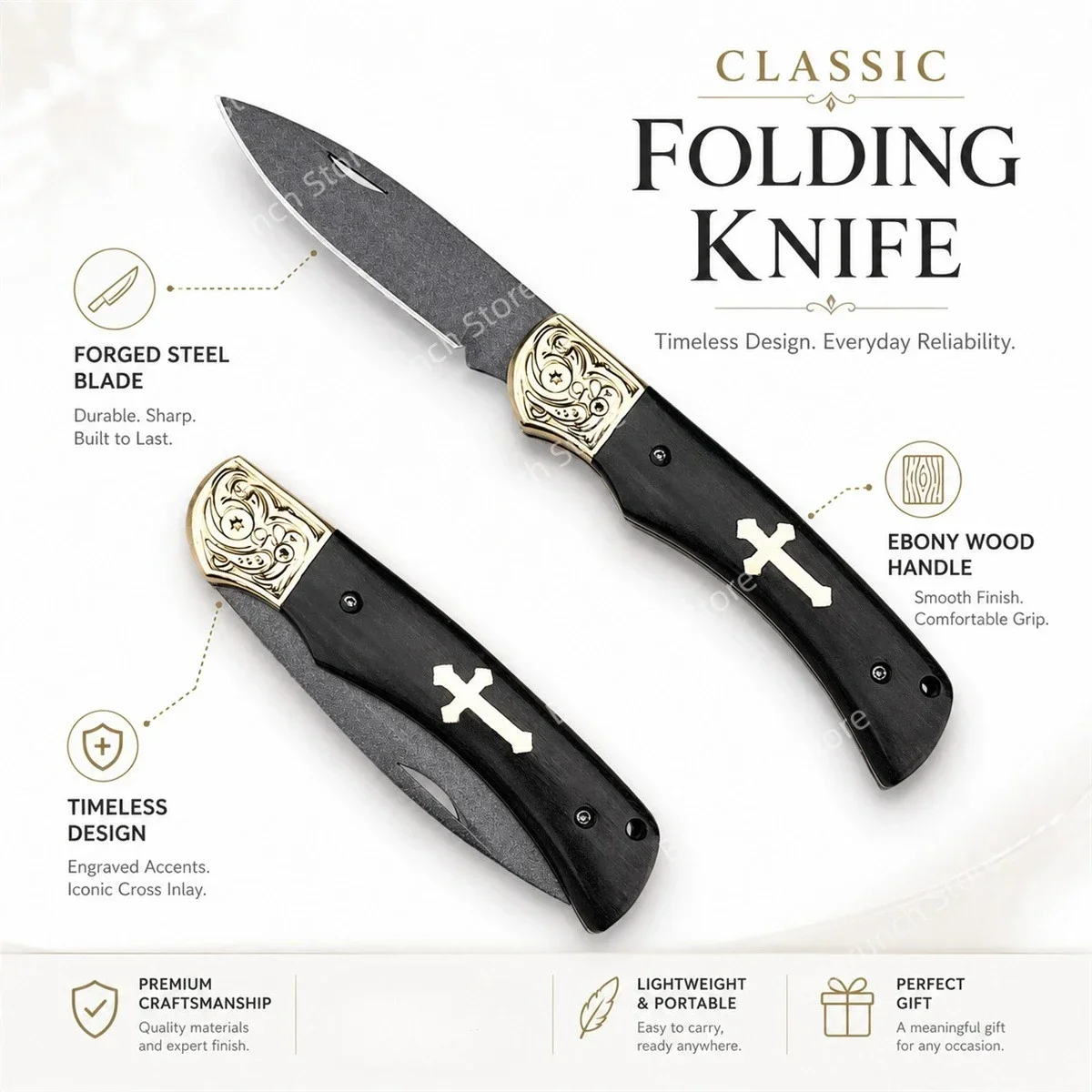 Cross Pattern Folding Pocket Knife High Quality Forging Steel Blade, Ebony Handle, Outdoor EDC Camping Knife Hiking Knife