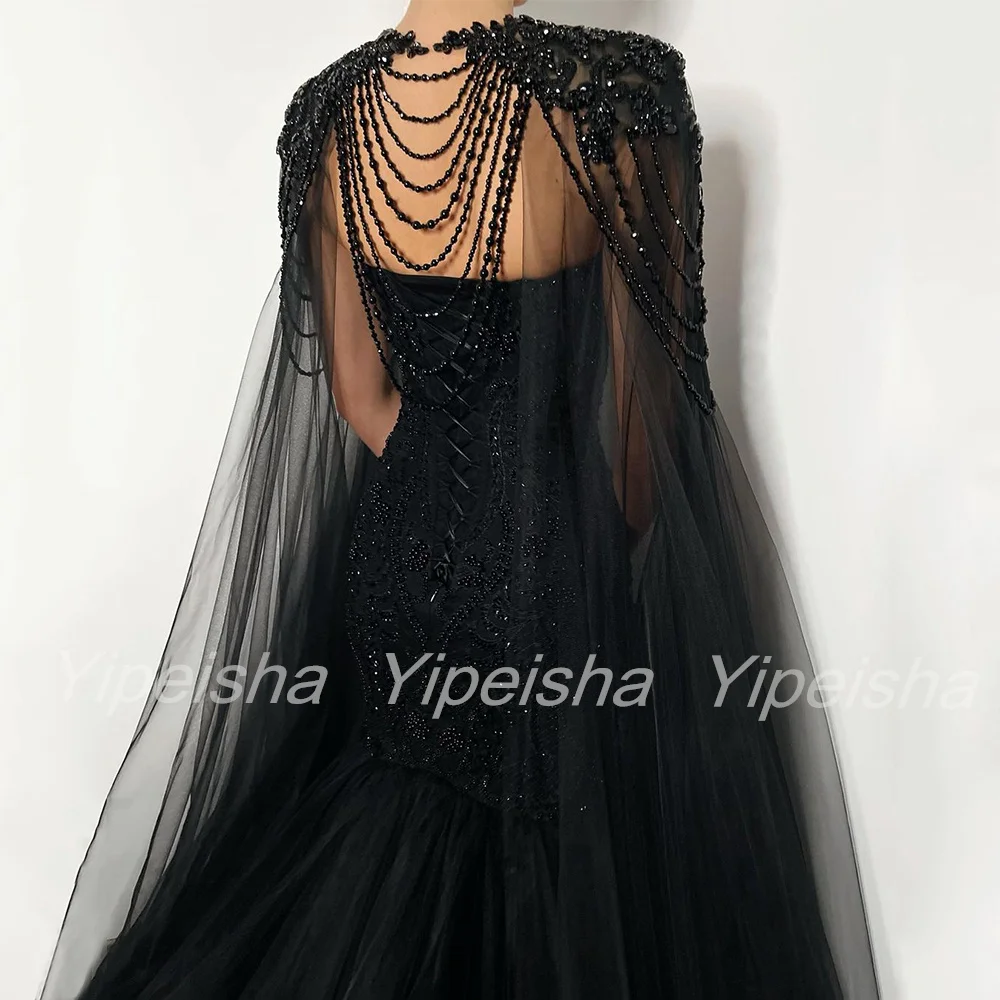 Vestido de novia de sirena de lujo, personalizado, con perlas, capa desmontable, apliques de corazón, diamantes de imitación, vestido de novia gótico negro