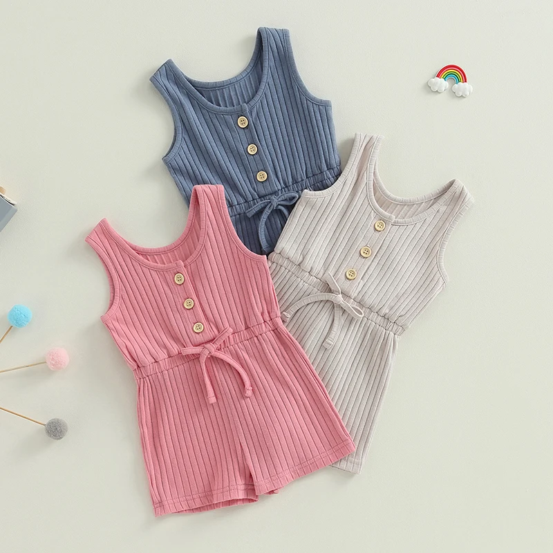 

0-4Y Baby Solid Color Playsuits Girls Boys Toddler Sleeveless Buttons Romper Jumpsuit Kids Casual Overalls Summer Clothing