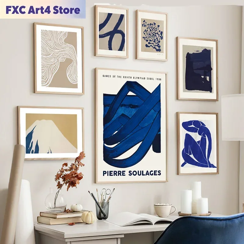 Rahmenlose abstrakte blaue Vintage-Poster und Drucke, Matisse Line Wandkunst, Leinwandgemälde, Hotelbar-Bilder, Wohnzimmer, Zuhause, Dekoration