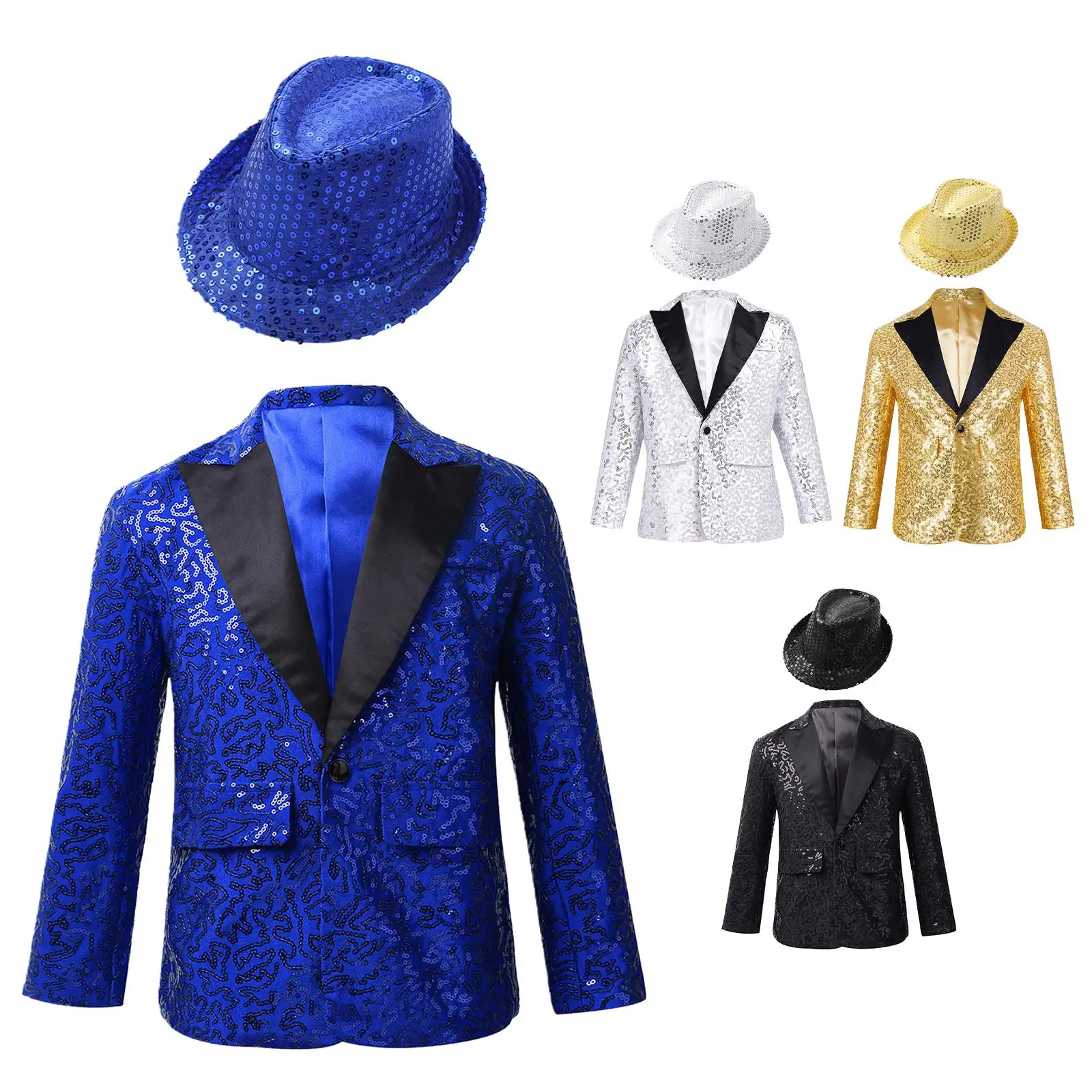 Kids Boys Shiny Sequins Lapel Jacket Coat Glitter Blazer Tuxedo Banquet Dance Wedding Party Modern Jazz Latin Stage Costumes